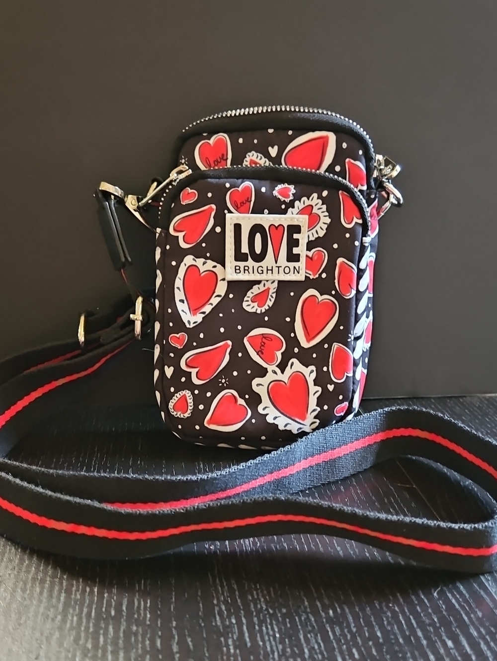 Brighton Black Crossbody Pouch with Red Heart Print